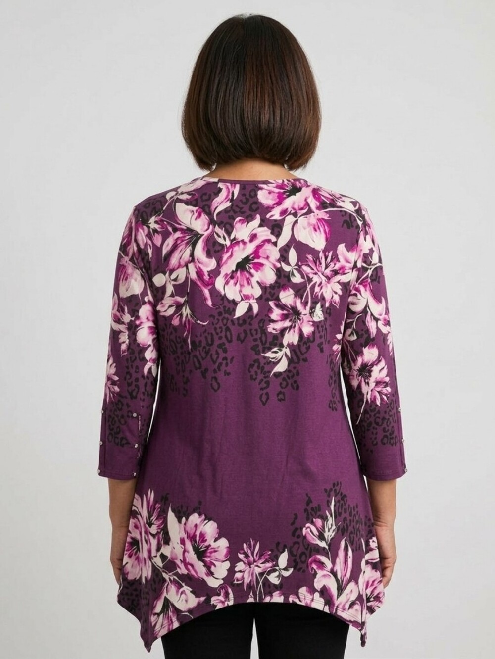JM Collection Women's Purple Floral Keyhole Tunic Top 3/4 Sleeves - Picture 2 of 10